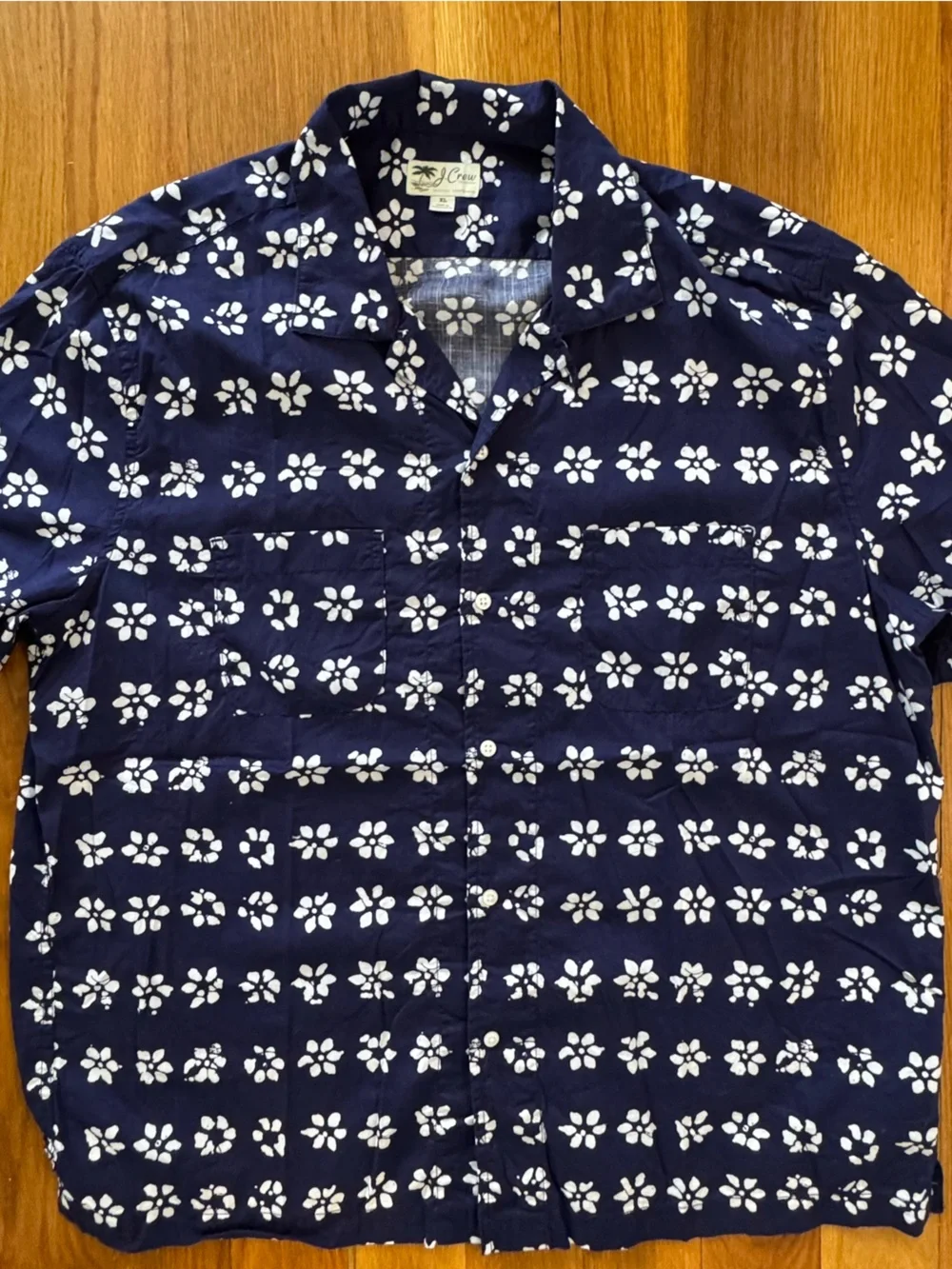 J.Crew Camp Collar Floral Shirt XL Blue White Cuban Collar